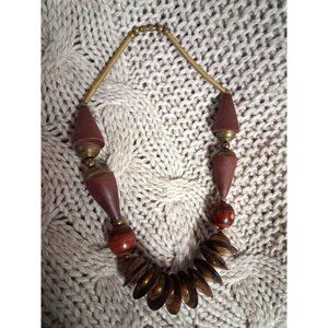 Vintage Boho Brass & Wood Beaded Necklace